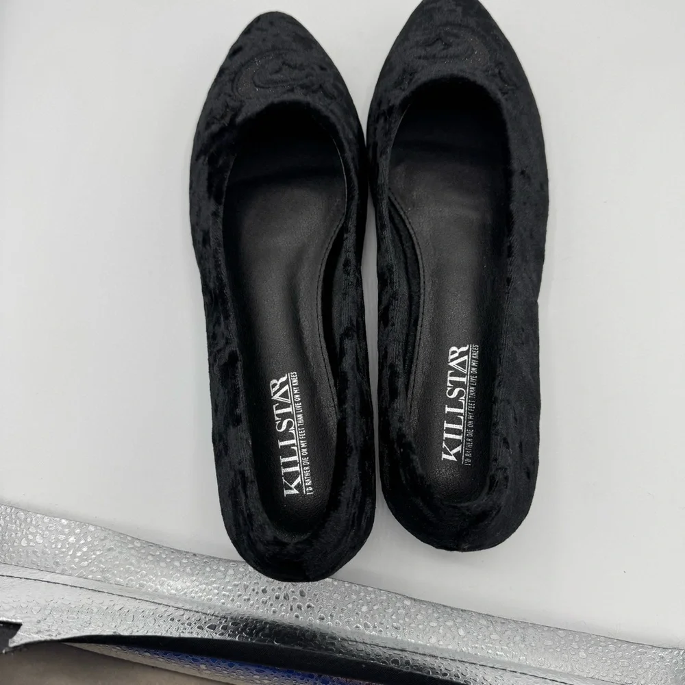 Killstar Black Velvet Pointed Ballet Flats